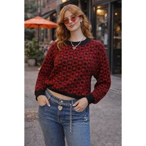 Y2K Black Red Blocks Chunky Retro Vintage 90s Mohair Blend Pullover L Sweater